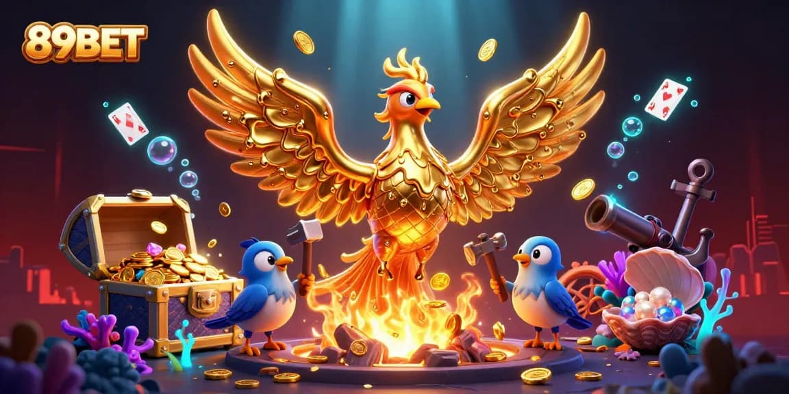 Engage with the vibrant world of 89BET's online gaming, featuring a phoenix and treasure elements.