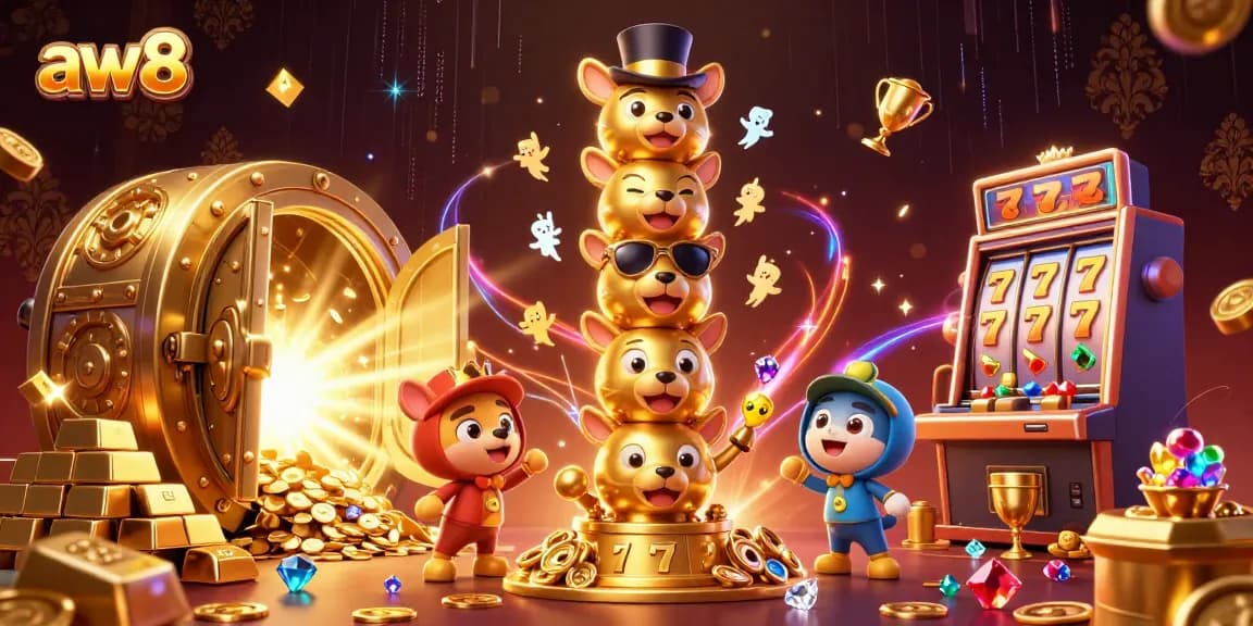 Experience exciting gameplay with aw8's colorful casino elements in a vibrant 3D illustration.