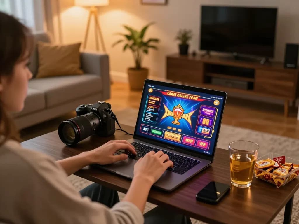 Play online slots at xx88 in a cozy home setting with a laptop and snacks.