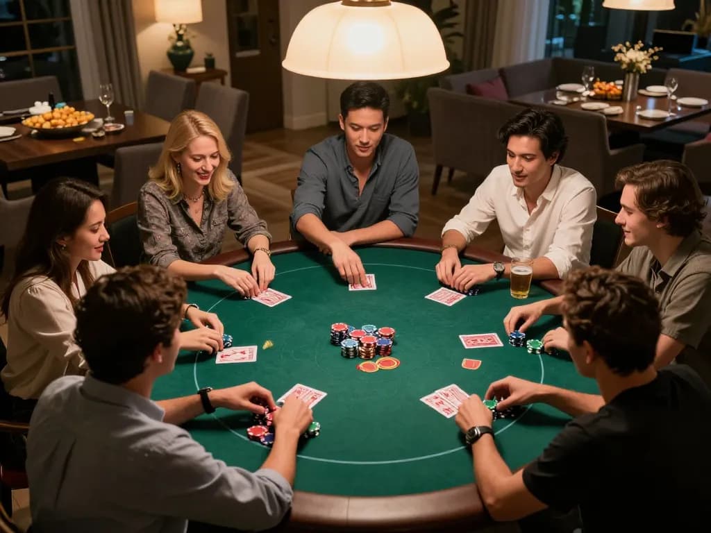 Players enjoying poker at a home game night, strategizing around hongkong pools betting sessions.