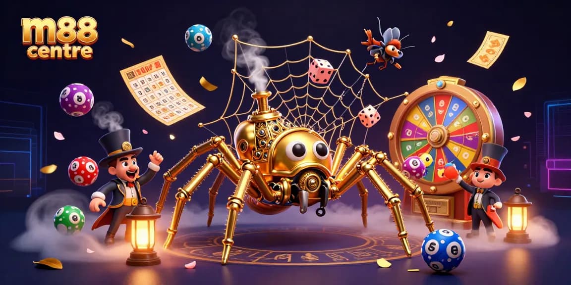 Engage with thrilling games at M88 center, featuring vibrant illustrations of gaming elements and characters.