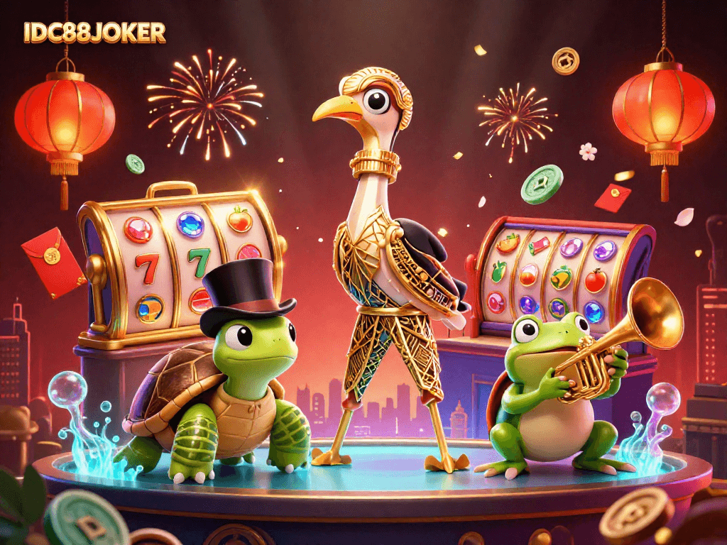 Engage with IDC88JOKER, a lively casino scene showcasing a crane, turtle, and frog among vibrant slot elements.