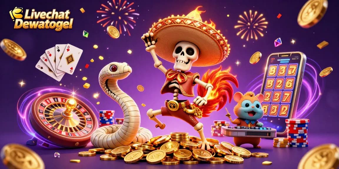 Experience the excitement of Livechat Dewatogel with dynamic characters dancing on a treasure of coins.