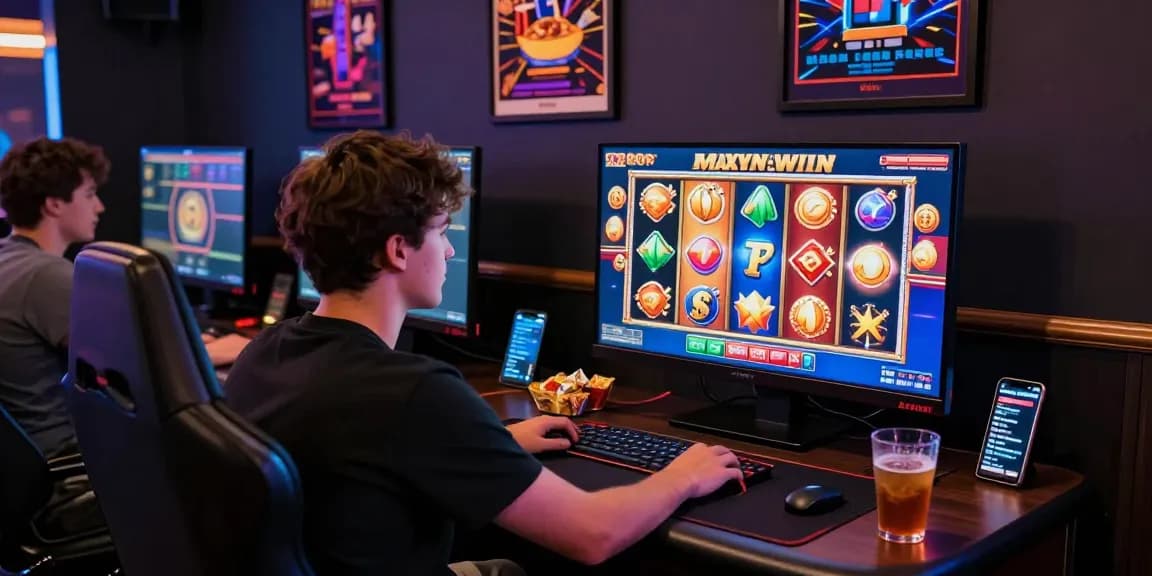 Player engaged in intense online gaming session featuring slotmaxwin graphics, showcasing vibrant slot animations and casino atmosphere.