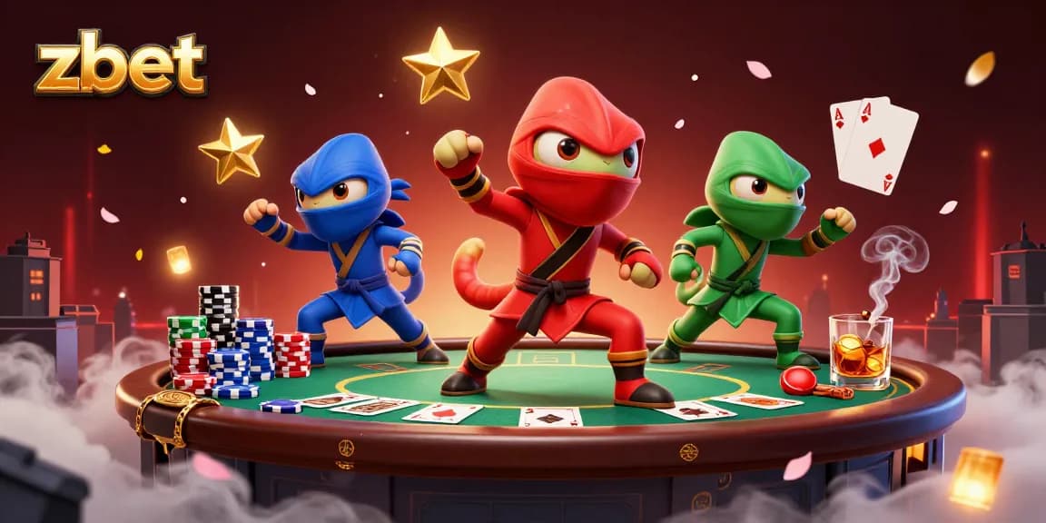 Zbet showcases a vibrant casino scene with colorful ninja chameleons and poker action.