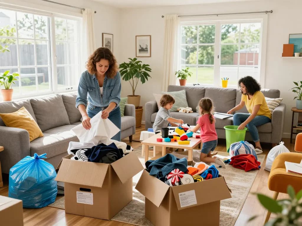 Entrümpelung Wien Experte hilft einer Familie, ihr Zuhause zu entrümpeln, und zeigt einen hellen und organisierten Wohnraum.