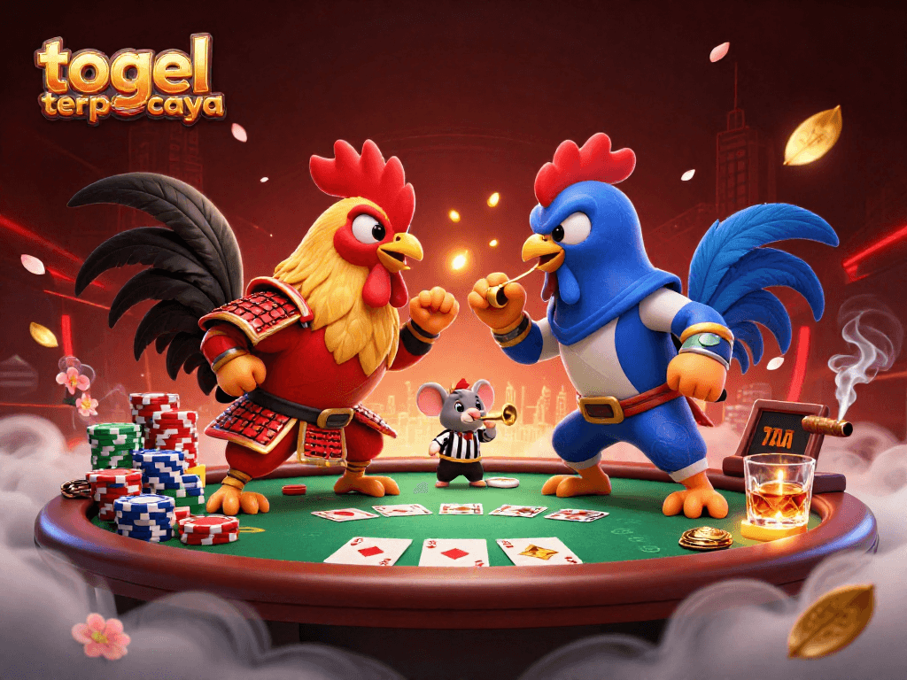 Engage in thrilling gambling excitement with togel terpercaya, featuring cartoon roosters and casino games.