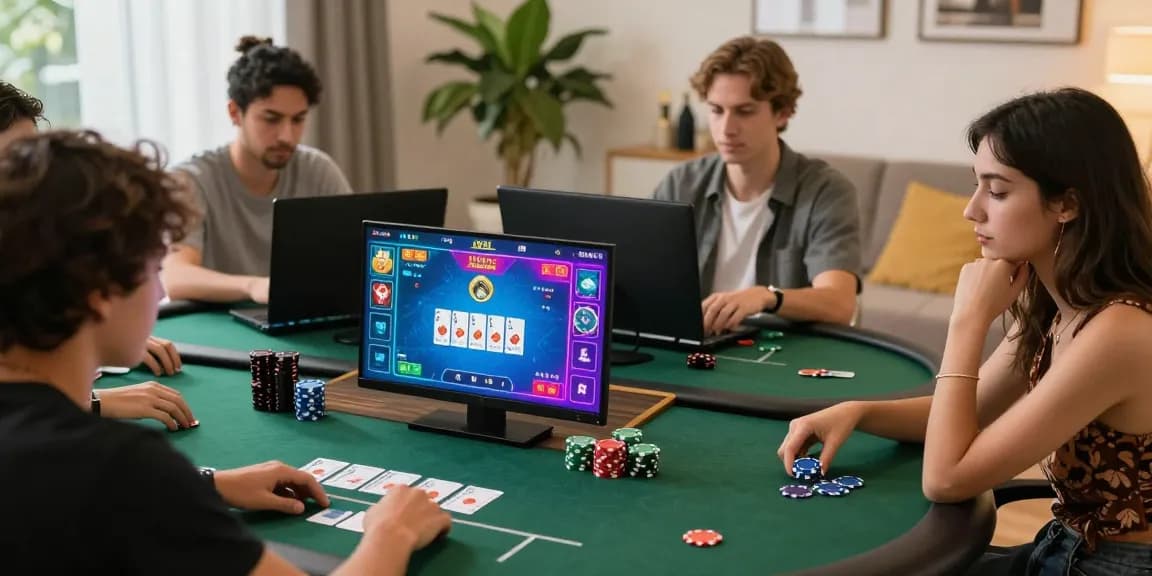 Situs Poker Uang Asli Dewapoker online poker game scene with diverse players enjoying a digital experience in a vibrant living room.