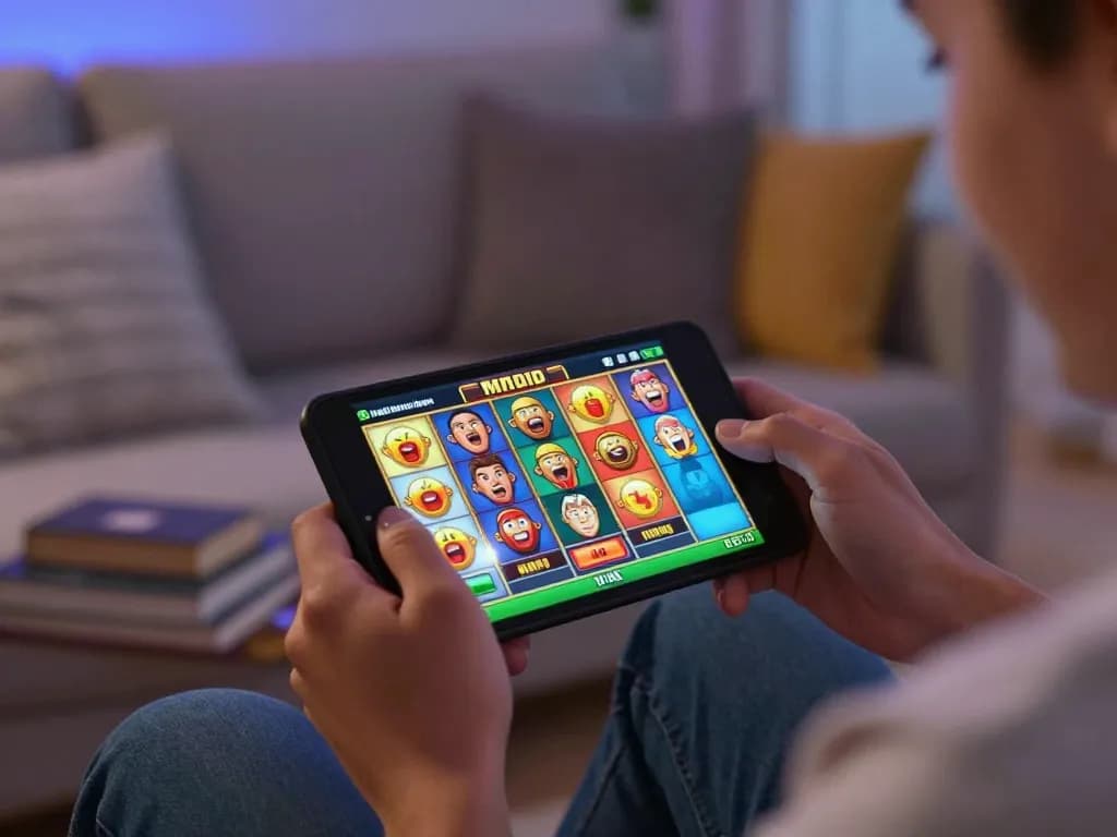 Engaging with mpoid slot on mobile device, showcasing colorful graphics in a cozy home gaming setup.