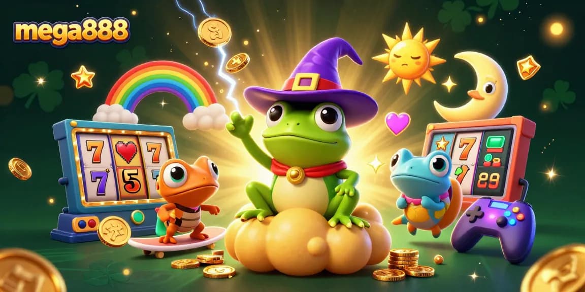 Experience thrilling gameplay with mega888, as you see a whimsical frog amidst golden coins and vibrant casino elements.