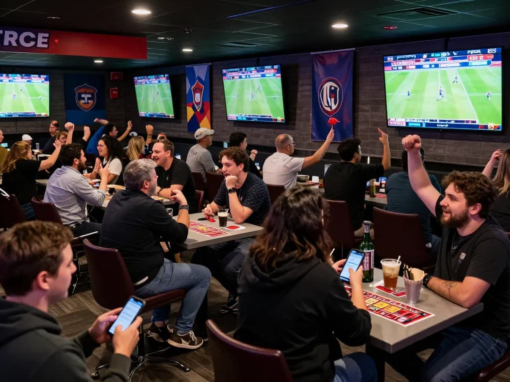 Fans engaging in sports betting at keonhacaii88, with multiple screens showing live events and vibrant atmosphere