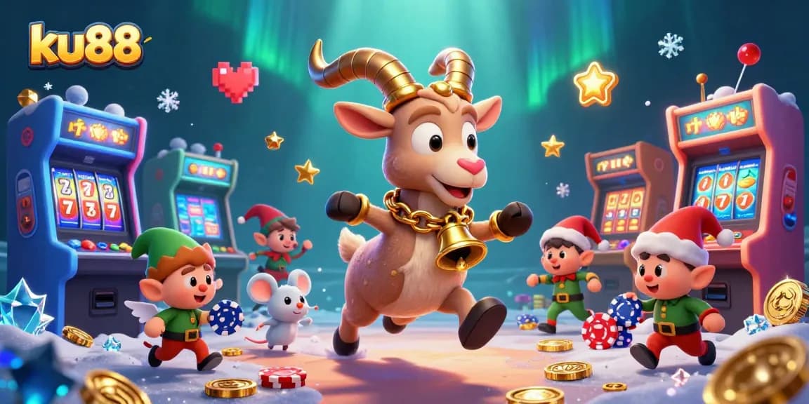 ku88 holiday horror scene with Krampus goat and playful characters stealing poker chips