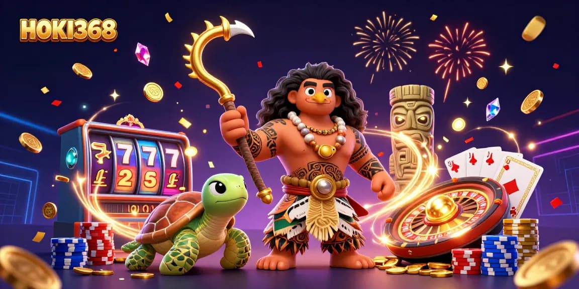 Experience excitement with HOKI368's vibrant slot machine action in a dynamic casino scene.