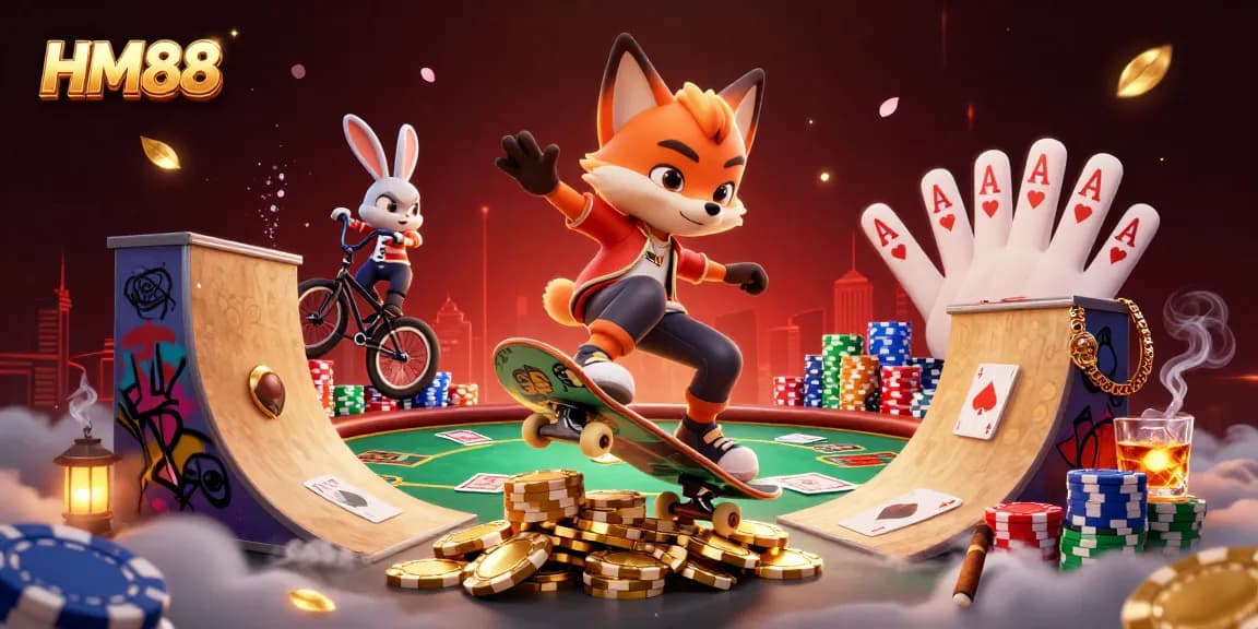 Engage in thrilling betting at HM88 with a vibrant 3D casino scene featuring playful characters.