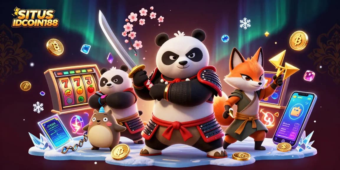 SITUS IDCOIN188 features dynamic samurai panda and ninja fox amidst vibrant slot elements.