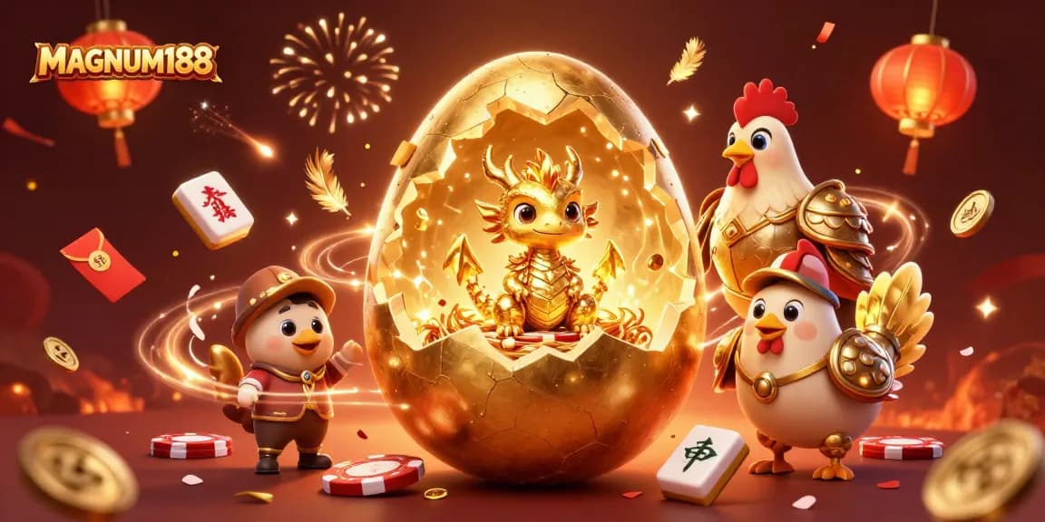 Experience the thrill of MAGNUM188 with a dazzling golden dragon and poker chips in action.