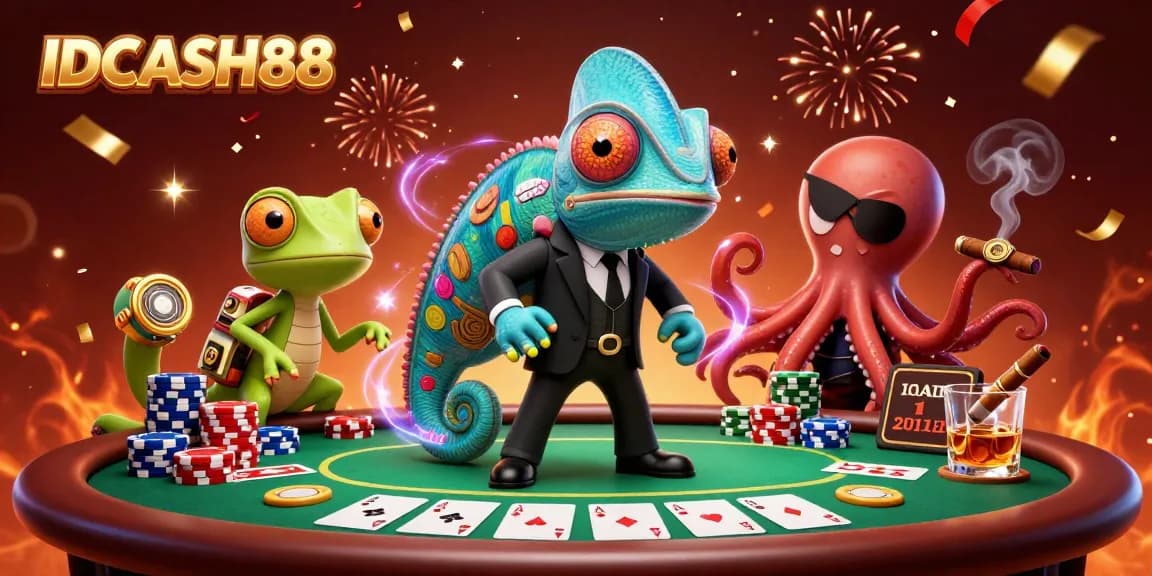 Join the vibrant IDCASH88 scene filled with poker chips, cards, and colorful characters in a dynamic casino atmosphere.