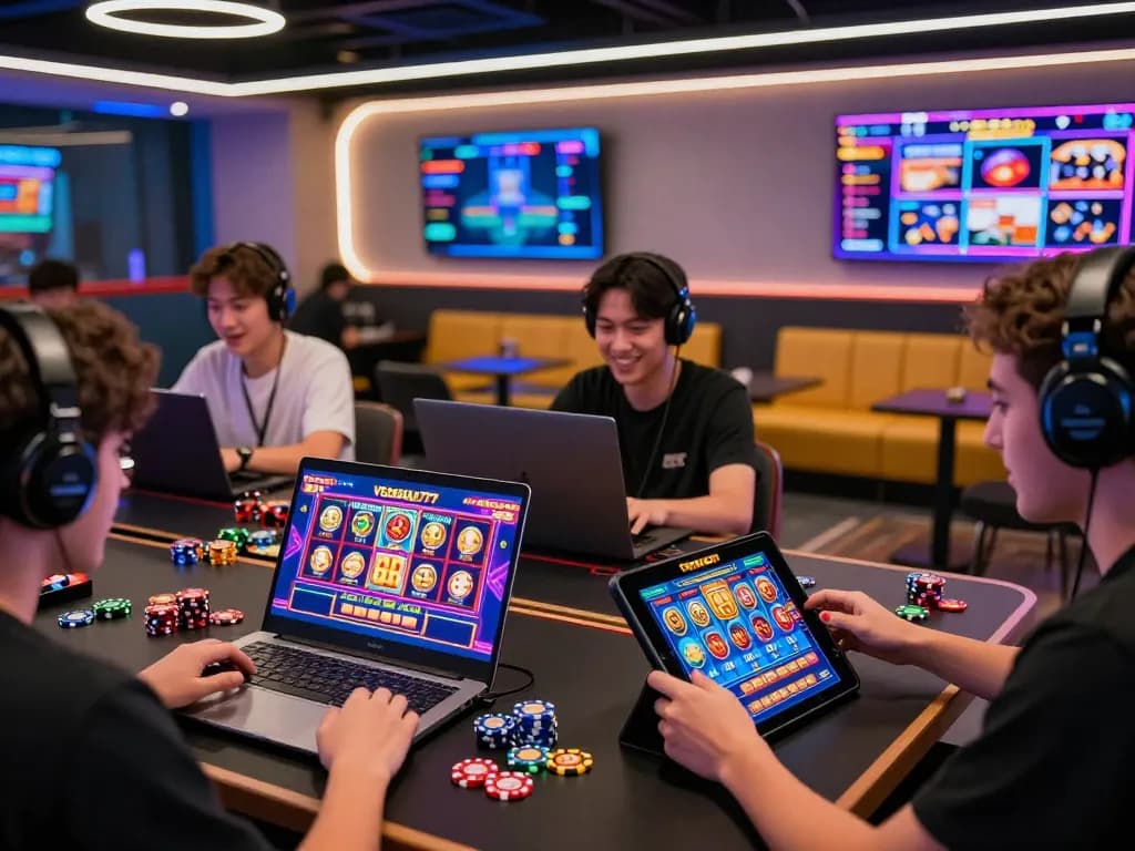 Exciting online gaming experience showcasing players enjoying VEGASSLOT77 slot games on multiple devices in a vibrant gaming lounge.