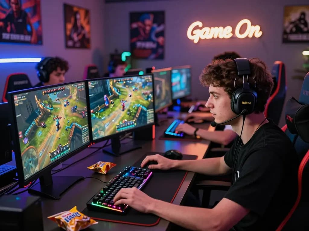 Diverse gamers engaged in multiplayer strategy game at ligasedayu.com, featuring vibrant screens and a tech-savvy atmosphere.