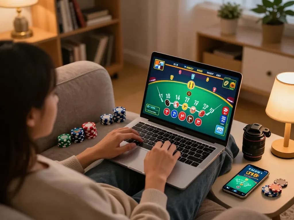 Engaging online blackjack experience on laptop at cozy home setup featuring vibrant sunwin graphics.