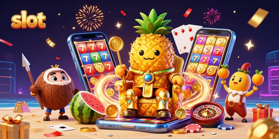 Spin to win at slot games with the golden pineapple king surrounded by festive casino elements.