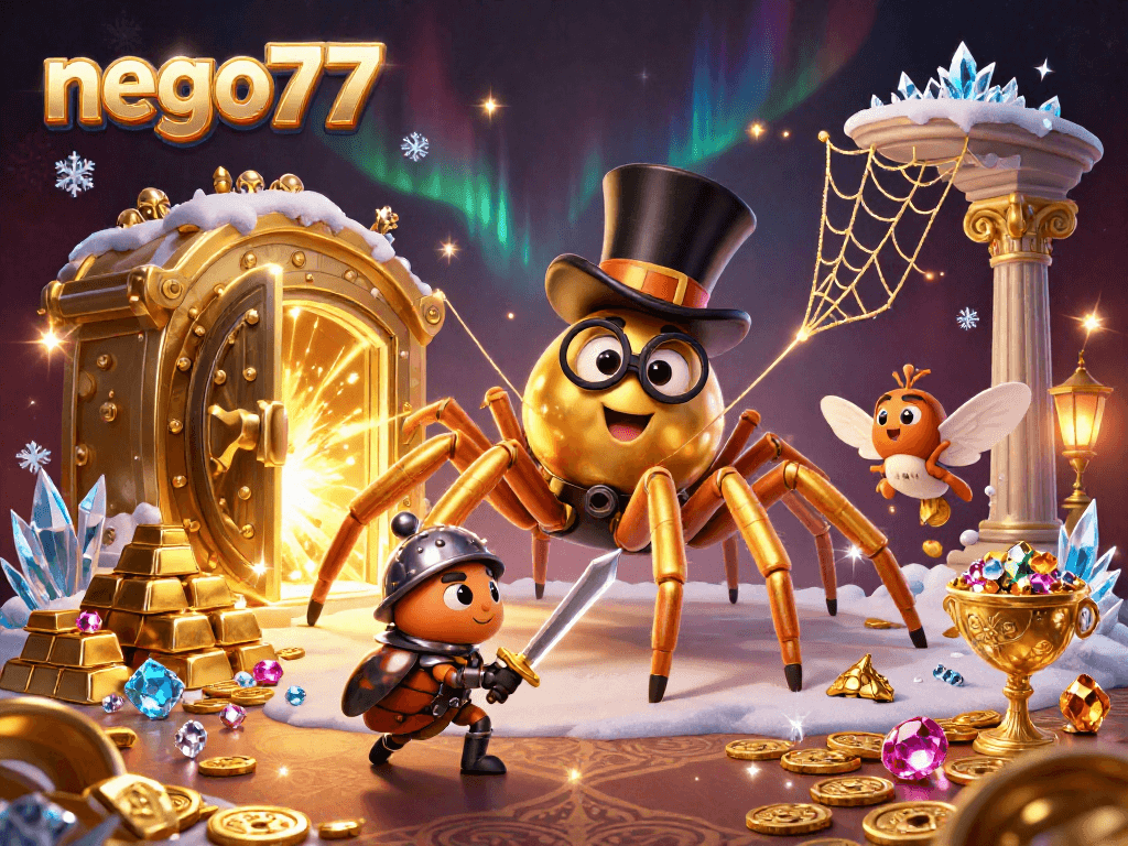 Experience the excitement of nego77 as a golden tarantula spins winning webs of fortune in a vibrant casino scene.