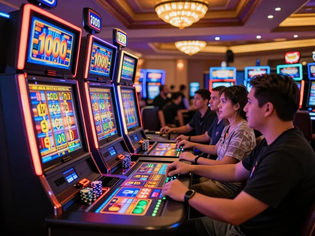 Players engaging with slot bet 100 machines in an exciting casino atmosphere filled with colorful reels.