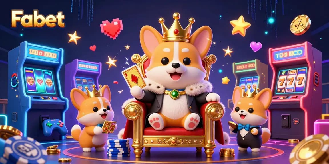Fabet showcases a royal corgi on poker chips, vibrant slots, and gaming elements for a thrilling illustration.