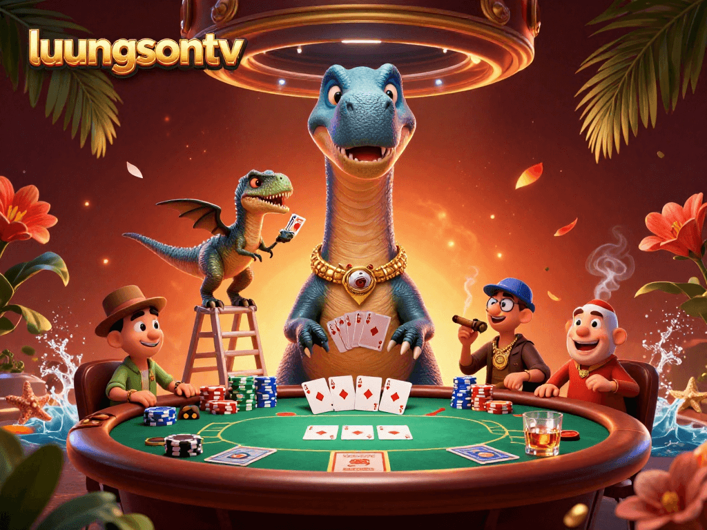 Enjoy thrilling poker action with luongsontv in a vibrant 3D casino scene featuring a brontosaurus dealer.