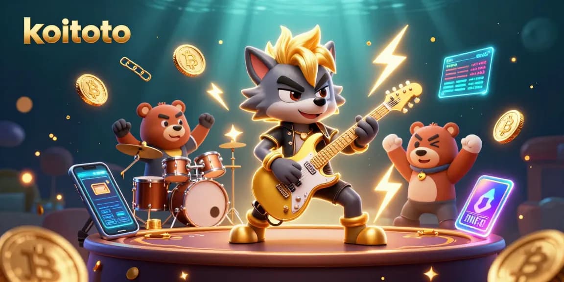 Join the excitement of koitoto with a thrilling 3D casino scene featuring vibrant characters and crypto elements.