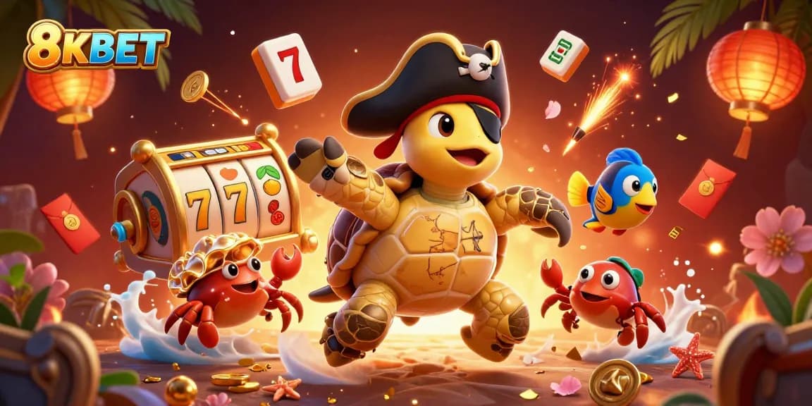 Enjoy thrilling 8KBET adventures with a lively pirate turtle and treasure-filled scene!