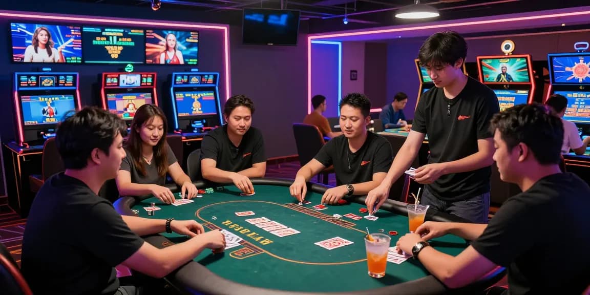 Yo88 gaming lounge with players enjoying card games and high-tech ambiance.