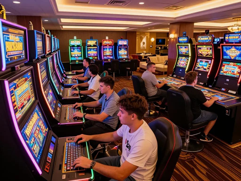 Engaging scene with players at modern slot machines showcasing strategic Slot Online gaming experience amid vibrant neon lights in a casino.
