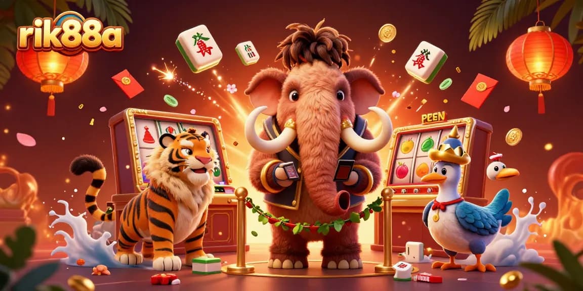 Experience rik88a's casino excitement with a vibrant 3D scene featuring dynamic characters and festive decorations.
