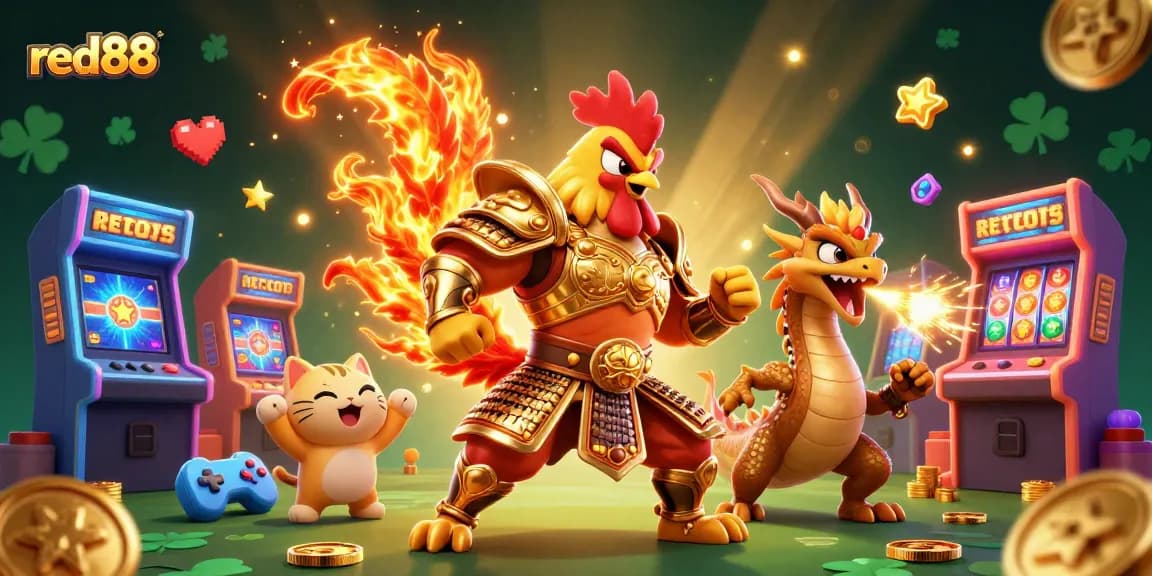 Engage in thrilling wins with red88 at our vibrant, action-packed casino illustration featuring slot machines and warriors.