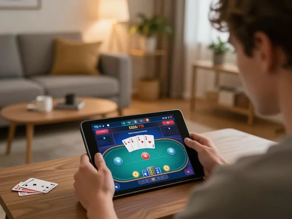 Engaging player enjoying KADAL 778 online poker game on tablet in cozy home setting.