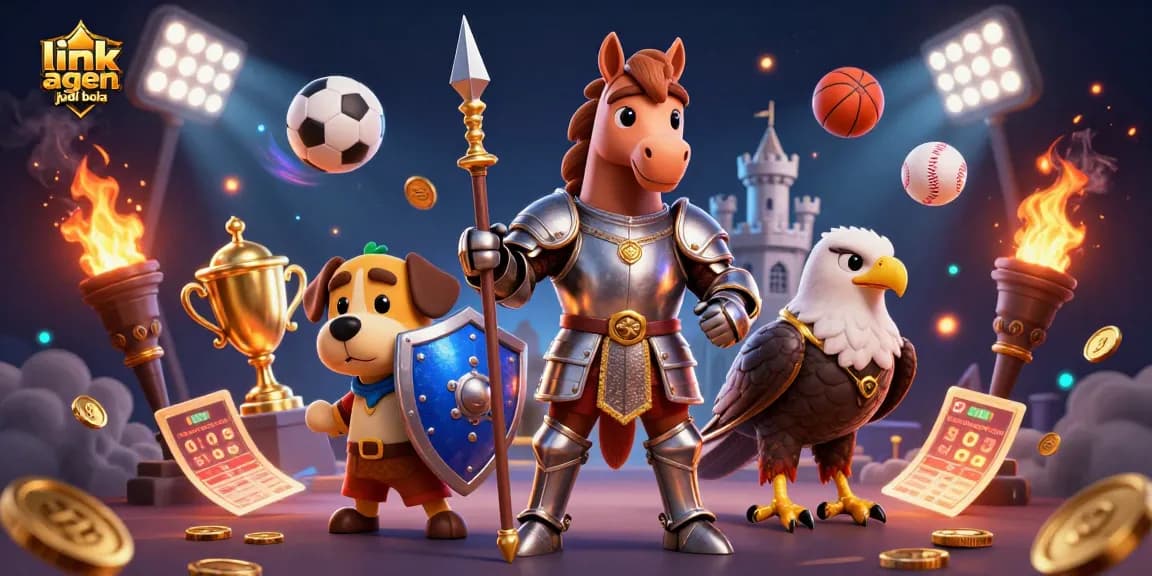 Link agen judi bola illustrates a dynamic 3D scene with a medieval knight and sports elements.