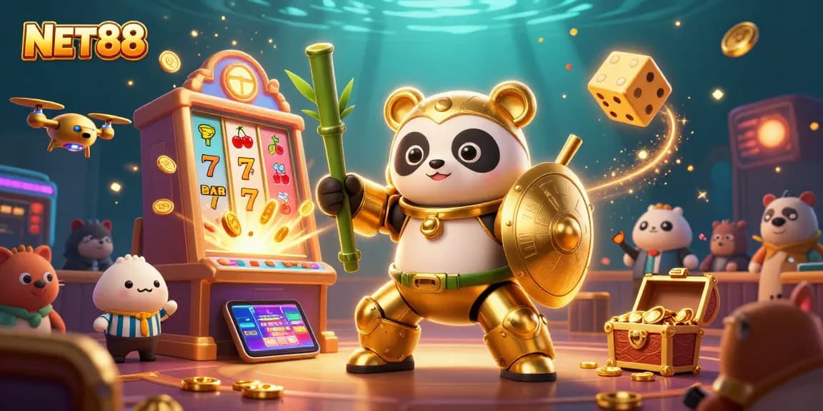 Engage with NET88 as the golden panda and robot soar above a jackpot bursting with coins and symbols.