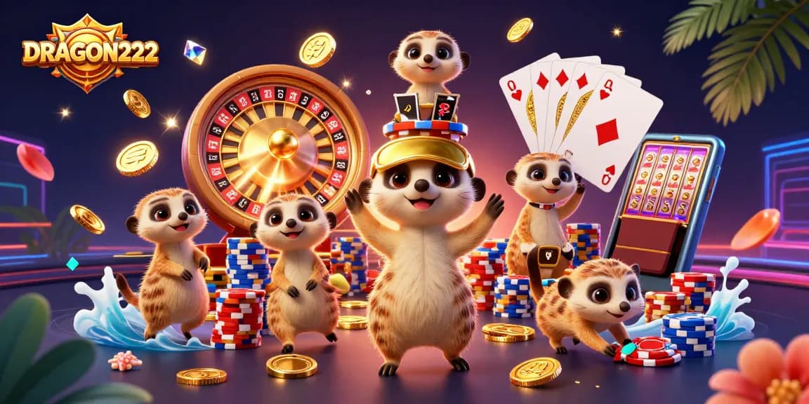Join the fun at DRAGON222, where lively meerkats manage a vibrant casino with spinning wheels and gleaming coins.