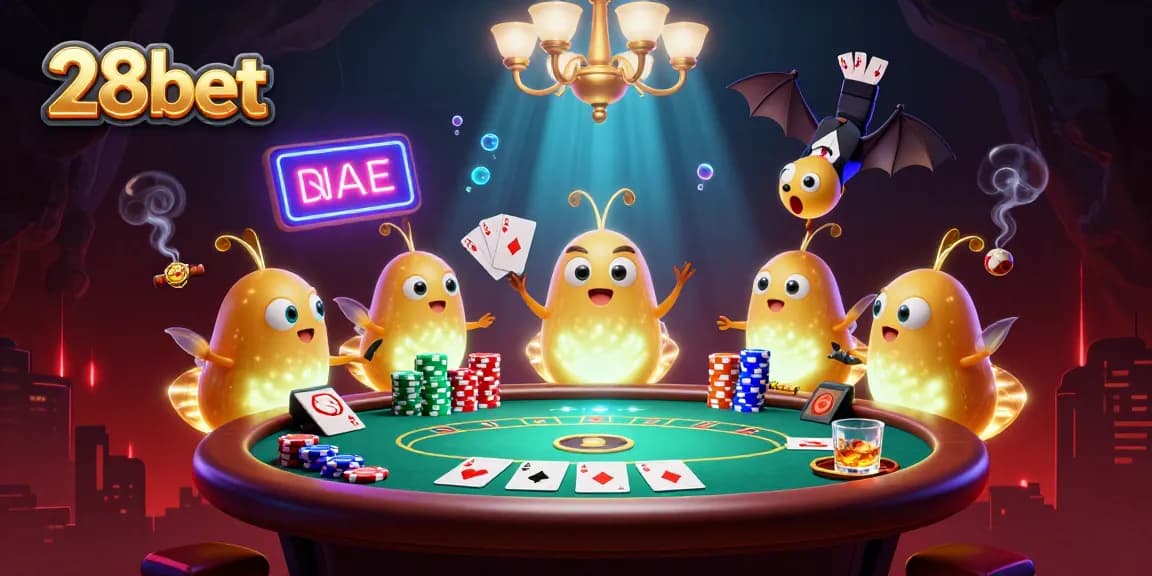 Engage with 28bet's vibrant casino atmosphere featuring glowworms and a bat dealer.