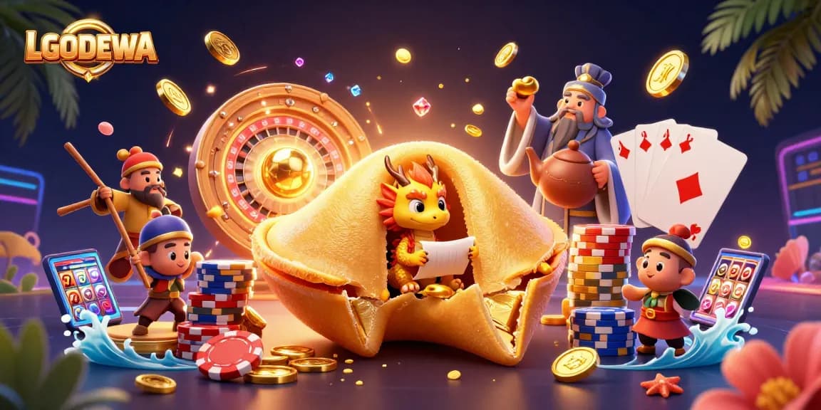 Engage with LGODEWA's vibrant casino world featuring golden treasures and animated characters.
