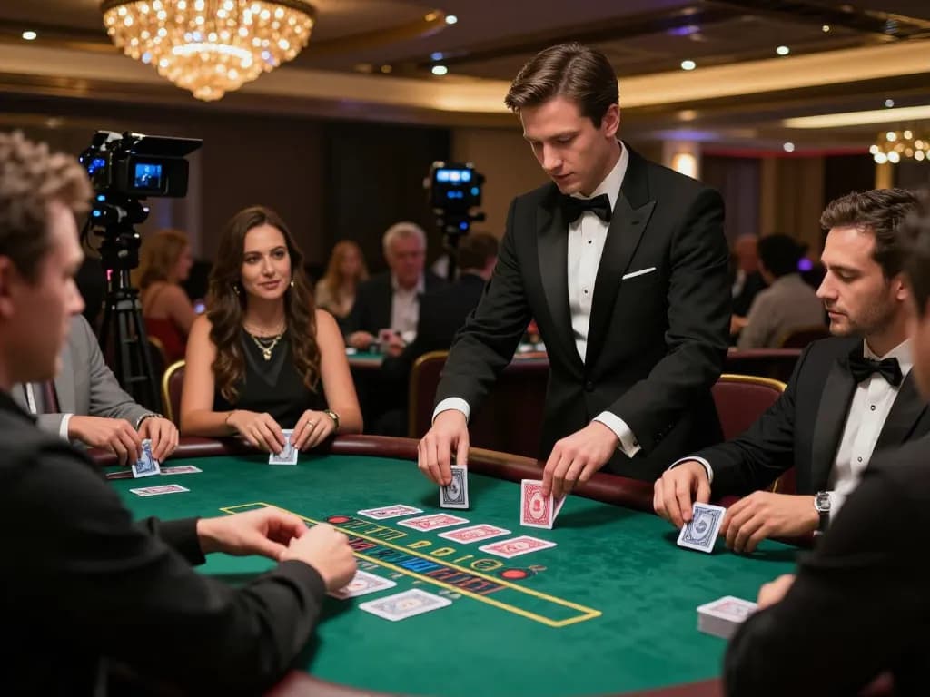 Engaged players at a live dealer blackjack table captures f8betz excitement in vibrant casino atmosphere.