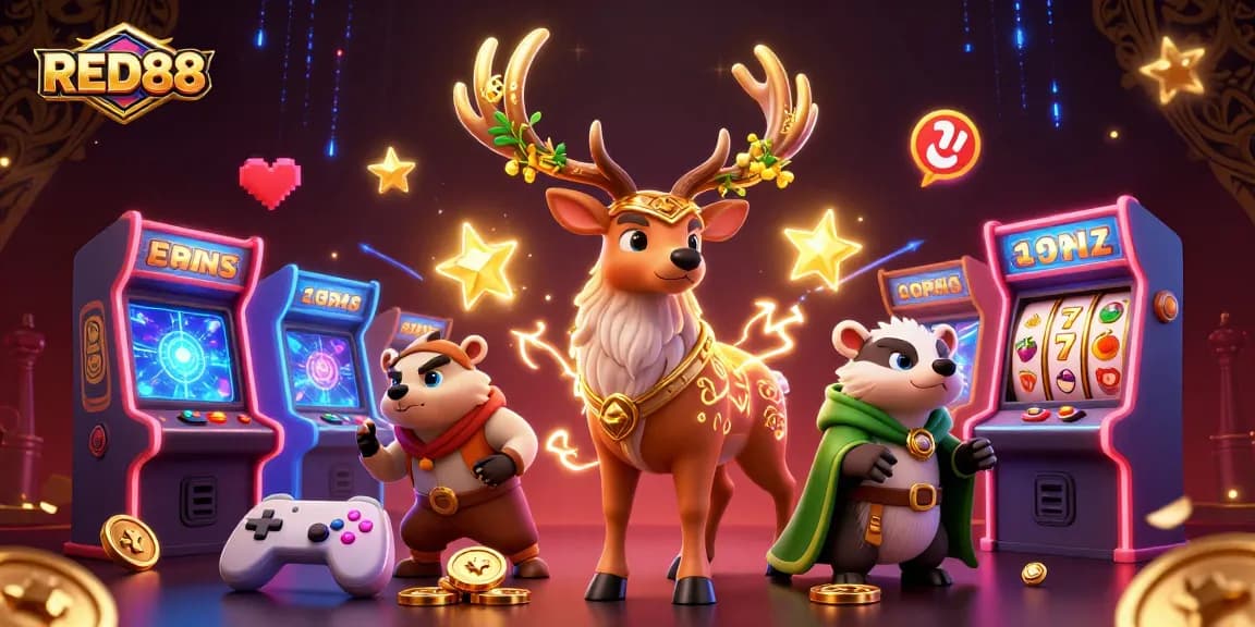 Engage with vibrant gaming action at RED88, featuring a druid stag and neon slot symbols.
