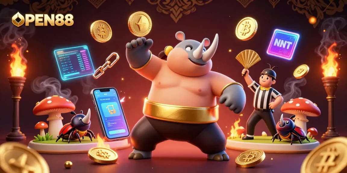 Experience OPEN88's energetic gaming atmosphere with a vibrant sumo champion beetle amidst golden coins and crypto elements.