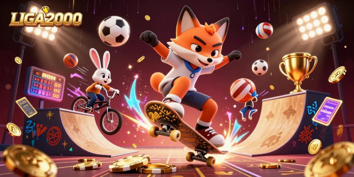 LIGA2000 menampilkan rubah 3D dan kelinci yang menarik dalam suasana kasino yang hidup dengan elemen olahraga.