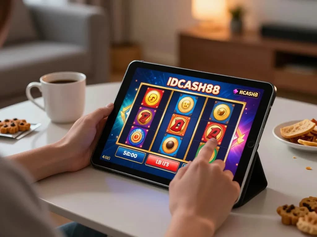 Engaging in IDCASH88 Slot gameplay on a tablet in a cozy home setting