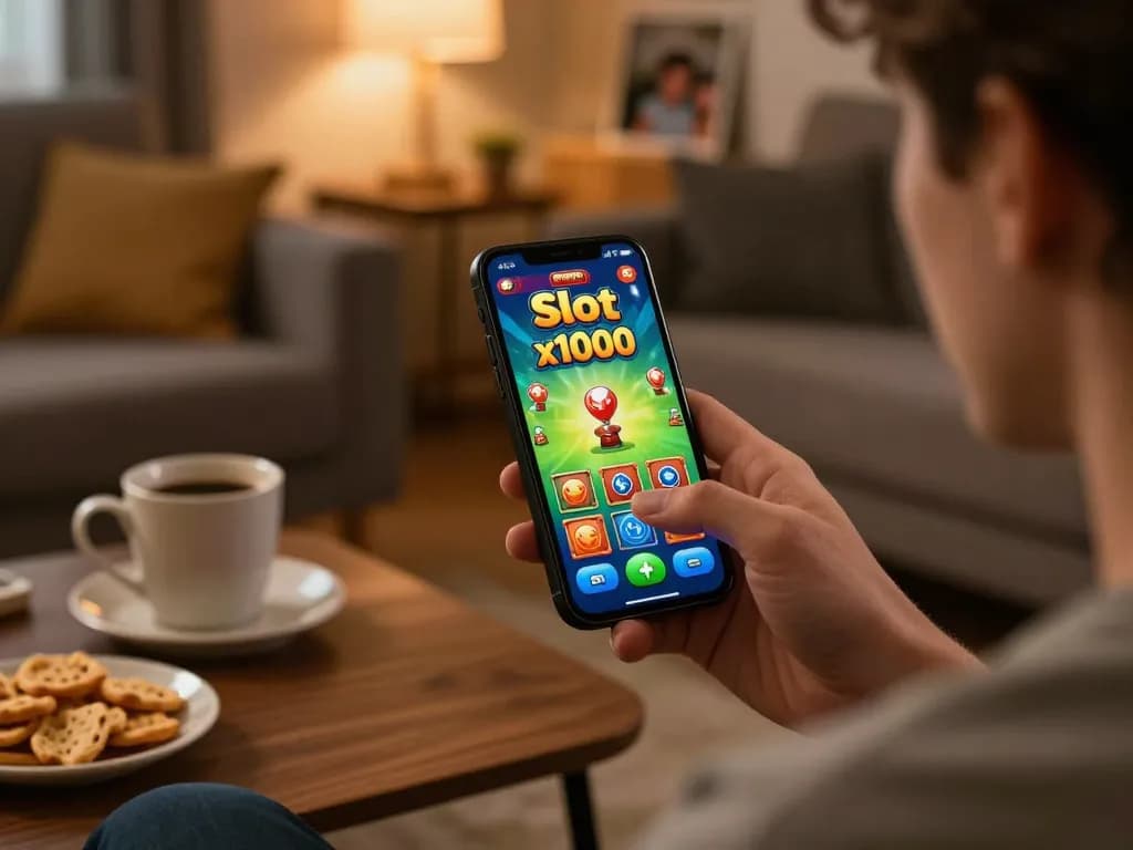 Engaging with Slot x1000 on smartphone showcasing a user-friendly gaming experience in a cozy home