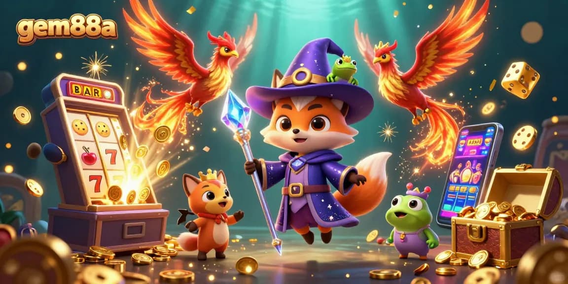 Engage in thrilling gameplay at gem88a with a dazzling casino scene featuring a mystical wizard fox and exciting slot machines.