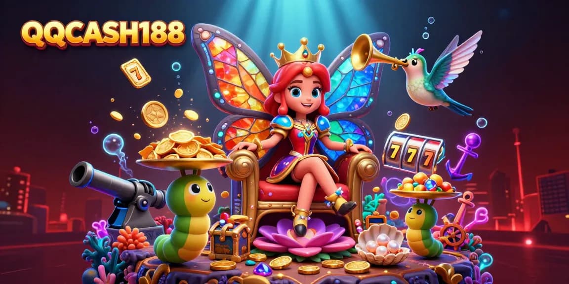 Experience exciting gaming at QQCASH188 with vibrant slot reels and luxury elements.