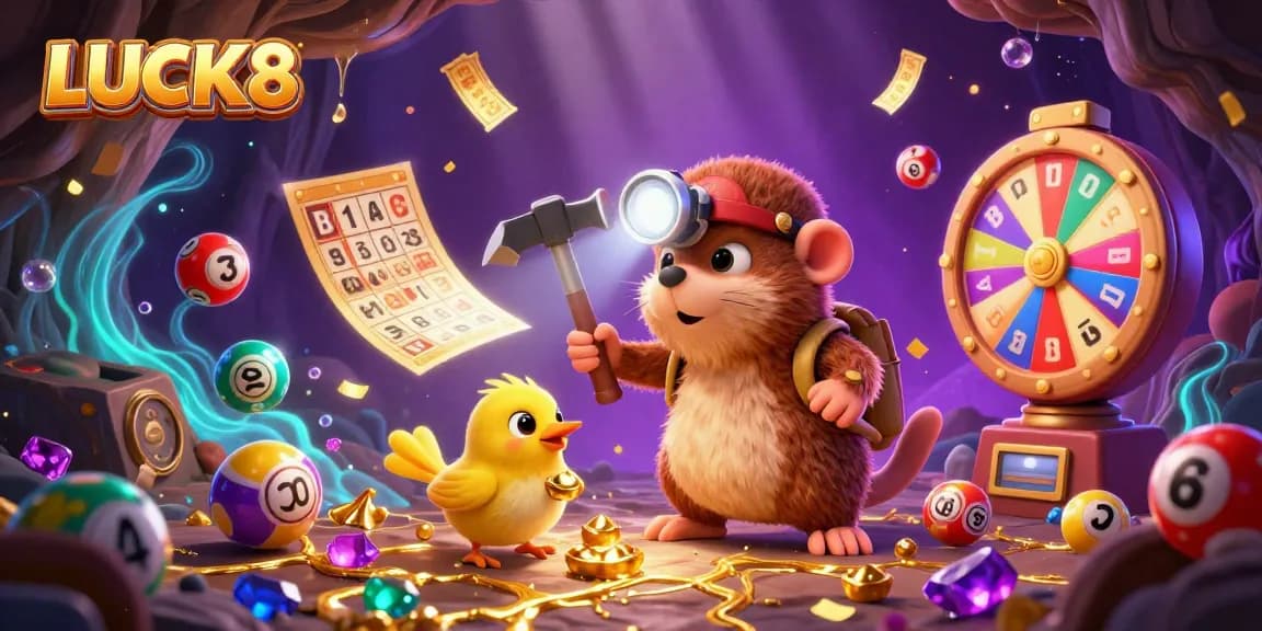 LUCK8 players enjoy dynamic games with lucky moles and vibrant lottery balls in this illustrated scene.